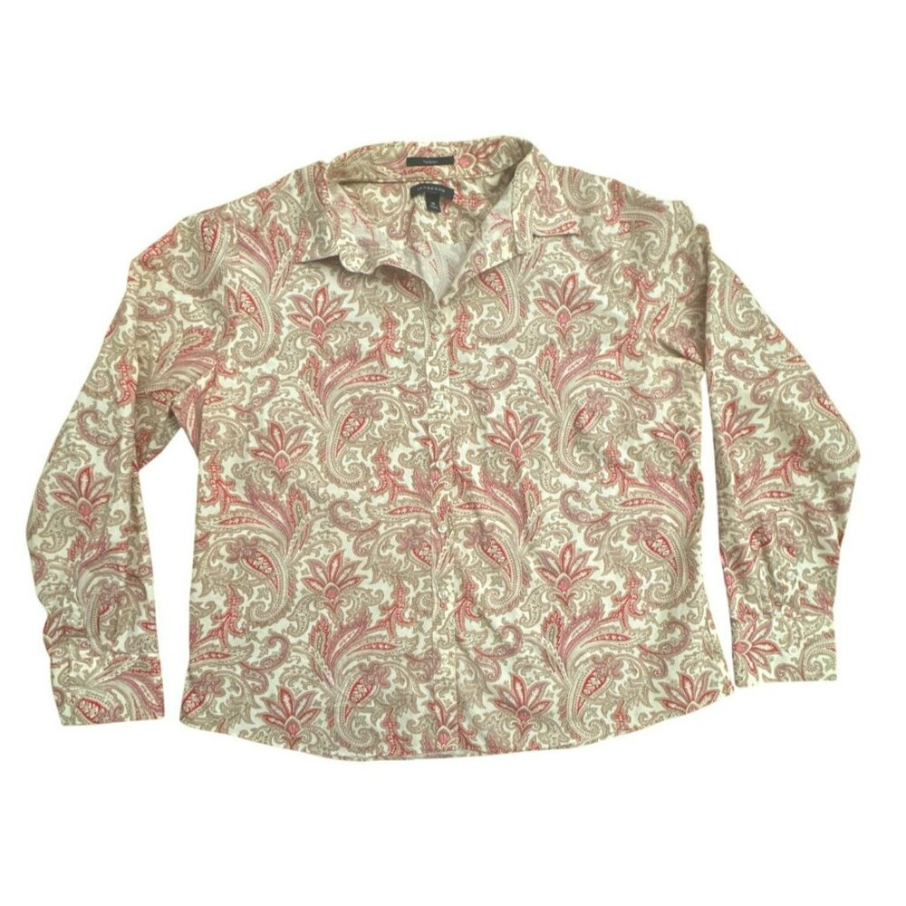 Lands End No Iron Paisley Shirt 18 Womens Beige Red Wrinkle Free Button Up Top